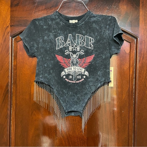 Violet & Ruby Black Graphic Tee with Metal Fringe Size S Moto Biker Grunge NWT - Picture 8 of 9